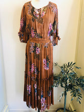 Load image into Gallery viewer, All Dolled Up Floral Midi Dress Saddle (Smalls Only)
