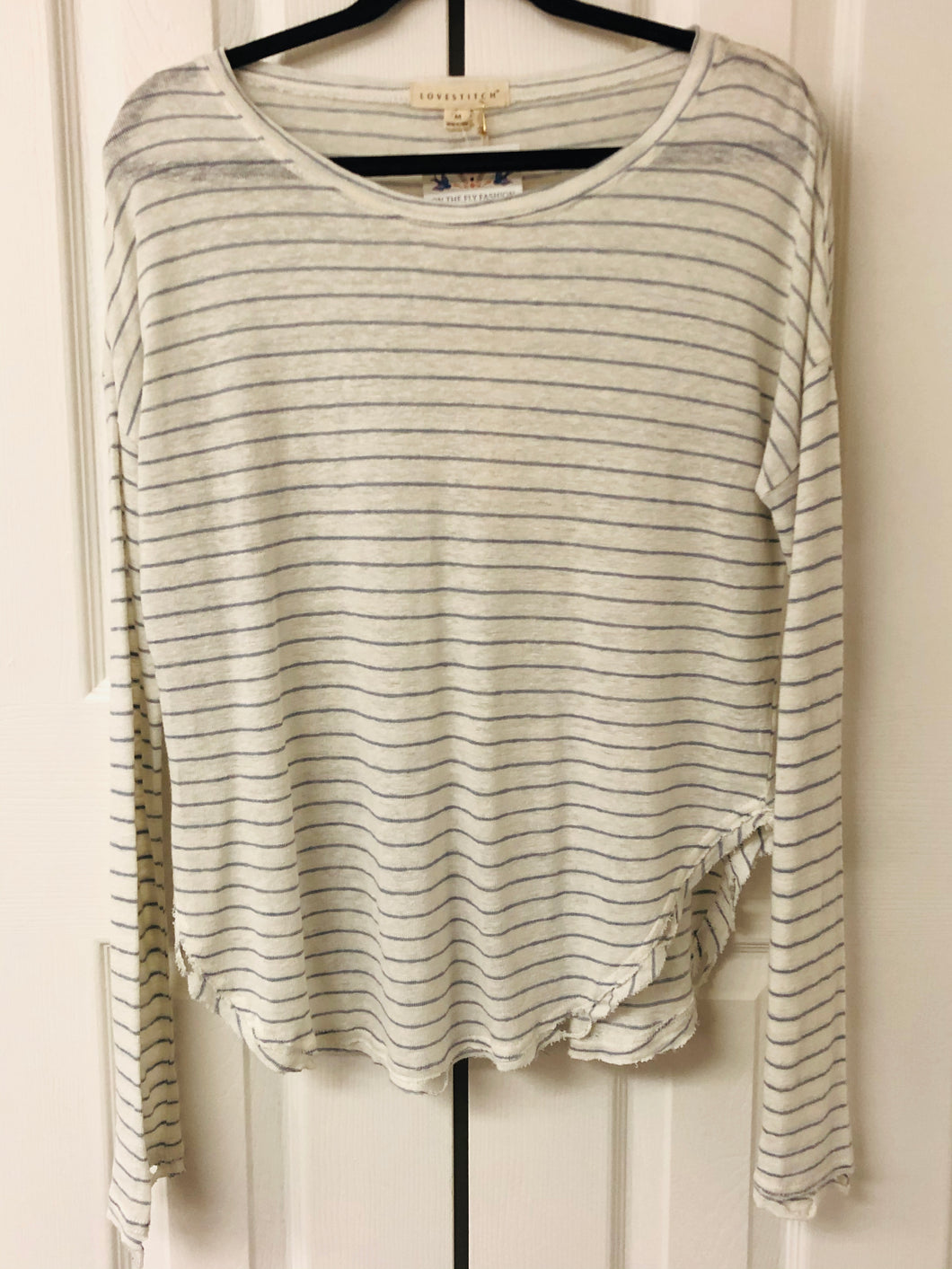 On Cloud Line Blue Striped Long Sleeve Distressed Top