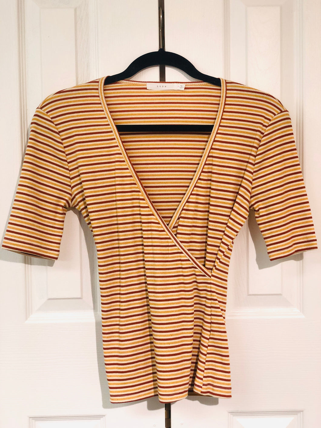 It's A Wrap Striped Short Sleeve Top Mustard + Rust